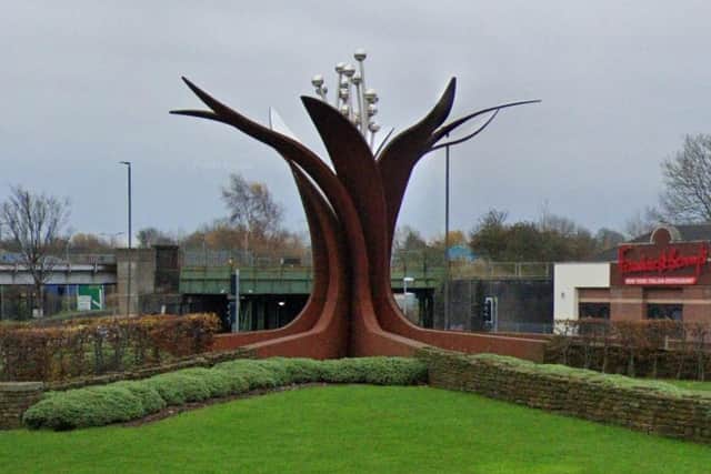 Melanie Jackson's sculpture Growth, on Horns Bridge Roundabout, is featured on Chesterfield art Trail. It says: "The sculpture signifies the confidence and continuous growth of the town. The wheel design in the ground represents the town's many industries, both past and present, and twists upwards at the centre to form an emerging flower."