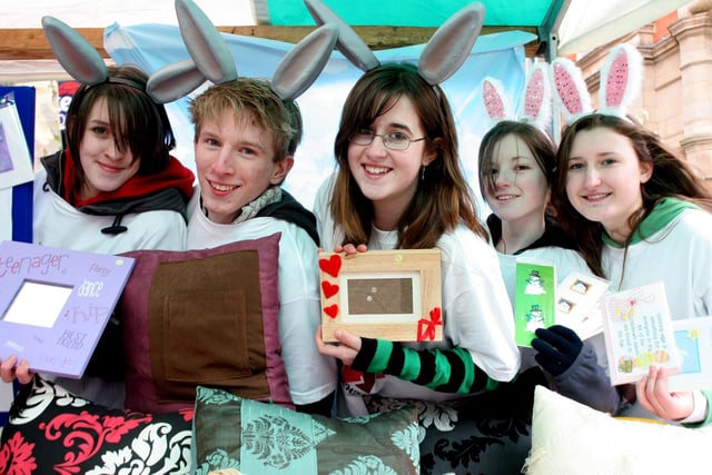 Sixth form pupils Alice Caudle, James Rodgers, Charlotte Joynes, Rachel Paget and Tasha Priest from Tupton Hall School's 'Booyah?!' team creating cards and cushions for the Young Enterprise market in 2007.