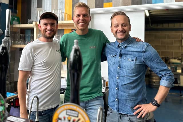 Huw Trevor, Nathan Longden and Tom Hudson, left to right, are celebrating the first anniversary of their Dolomite Brewery.
