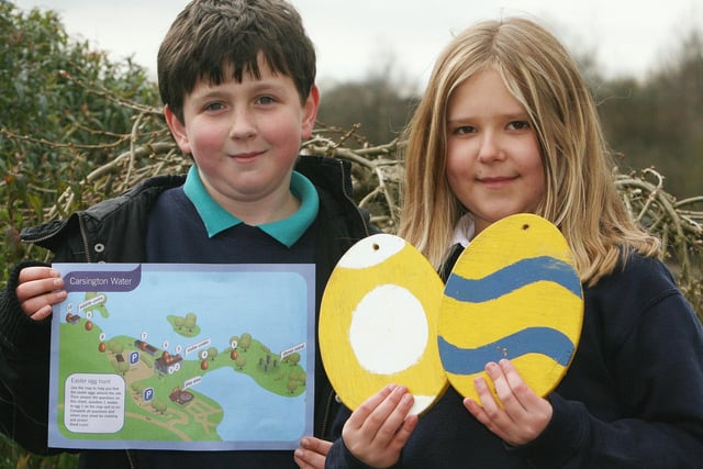 Ten-year-olds Will Charlton and Vicky Gill of Brassington Primary School at an Easter egg hunt at Carsington Water.