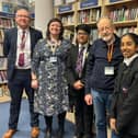 Members of The Bemrose School parliament and staff with Dr Martin Stern MBE (centre)