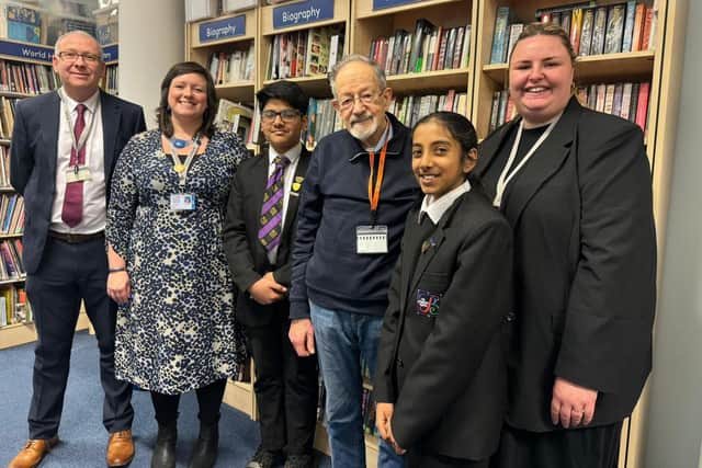 Members of The Bemrose School parliament and staff with Dr Martin Stern MBE (centre)