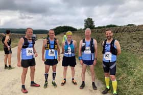 Karl Webster, Bob Foreman, Mark Elwis, Geoff Cooper and Peter Wilmot at the Holme Moss Fell Race.