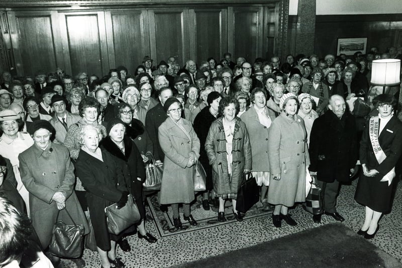 Part of the large crowd who queued at the Star-sponsored travel show opening ceremony at the Cutler's Hall in 1983