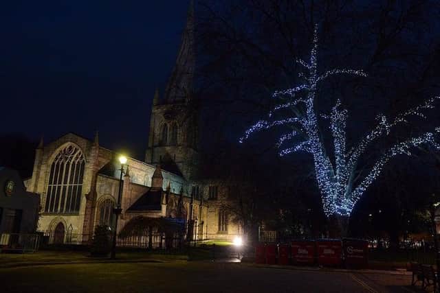 Festive lights near the Crooked Spire. Picture by Brian Eyre.