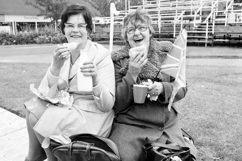 These two ladies had picked their spot at the War Memorial to get a glimpse of the Queen during her visit to the town in 1977.