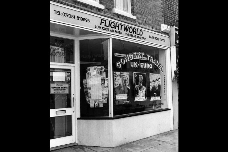 Flightworld Travel Agents and Concert Travel, Fawcett Road, ceased trading, image taken 7th August 1990.
They were offering trips to see Depeche Mode, David Bowie and Erasure at Milton Keynes and Wembley.
