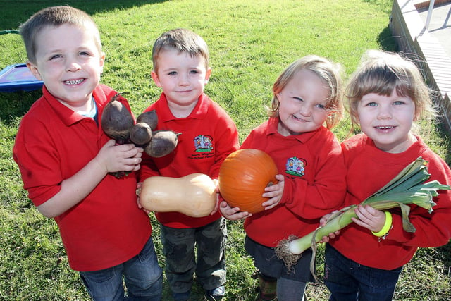Harry Brown, Aiden Gwyther, Katie Gillott and Niamh Brentnall at South Wingfield pre-school playgroup's harvest festival in 2009.
