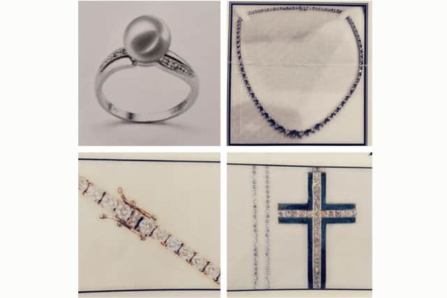 A white gold ring with Japanese Akoya pearl and diamonds, a yellow and white gold emerald and diamond necklace, a diamond set line bracelet, and a diamond set cross necklace are among items stolen from a house in Burton.