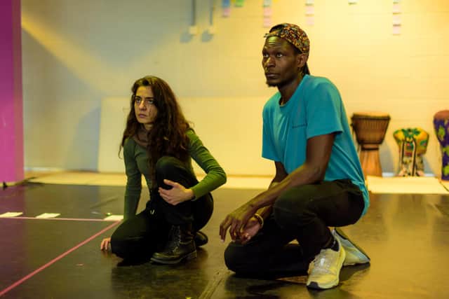 John Rwothomack and Fidaa Zidan rehearse for Lines which will be performed at Derby Theatre on March 15 and 16, 2024 (photo: Smart Banda)