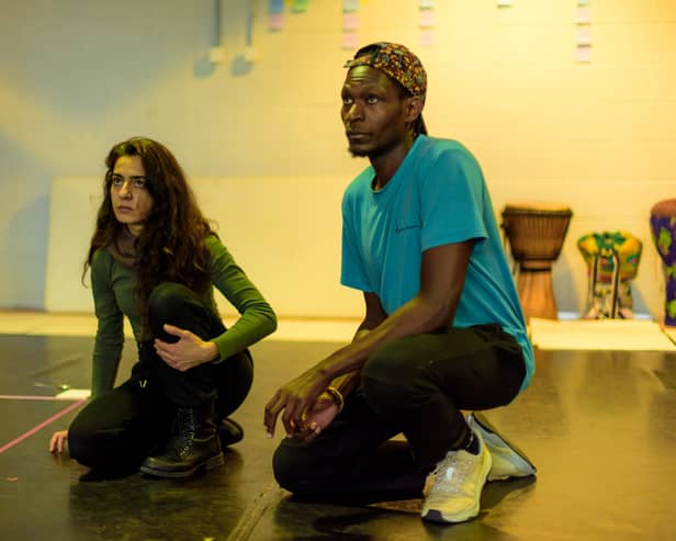 John Rwothomack and Fidaa Zidan rehearse for Lines which will be performed at Derby Theatre on March 15 and 16, 2024 (photo: Smart Banda)