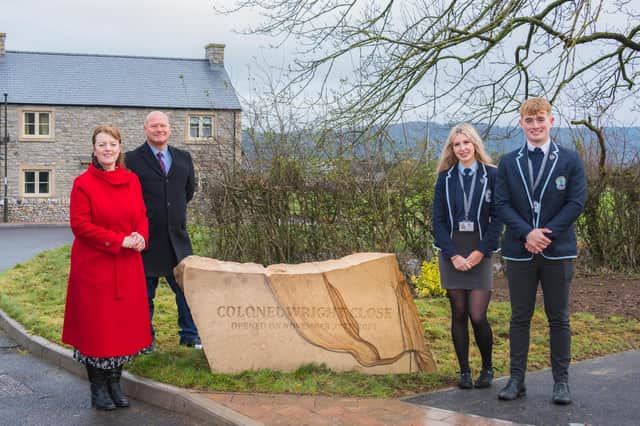 L-R Elizabeth Froude (Group Chief Executive, Platform Housing Group), Kevin Damarell (MD Lindum Group) with pupils from Lady Manners School at the new site.