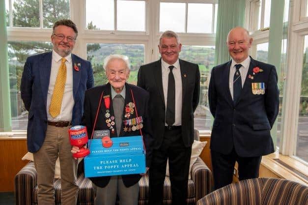 Council Leader Cllr Barry Lewis (left) met guest of honour Royal Navy and D-Day veteran Albert Keir, 97, before the service, accompanied by Cllr Alasdair Sutton and military veteran Andy Howard (right).