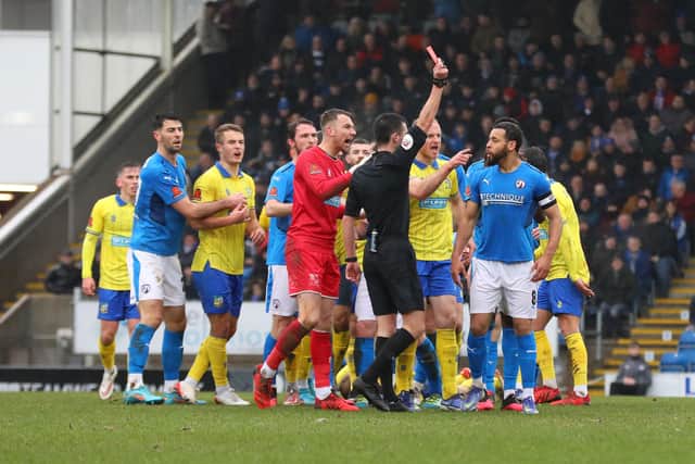 Curtis Weston was sent off by referee Lewis Smith with Chesterfield two-nil up against Solihull Moors.