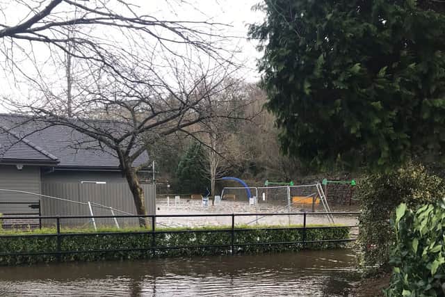 Floodwater in Belper's Riverside Gardens where the new cafe is being fitted out.