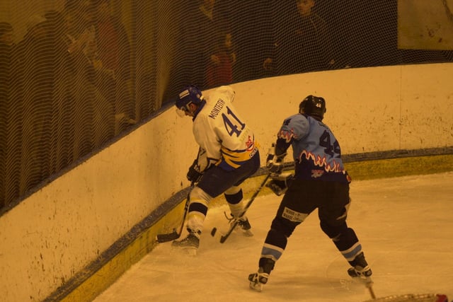 Russell Monteith, Fife Flyers record powerplay goalscorer, working the boards in a game versus Coventry Blaze in 2002