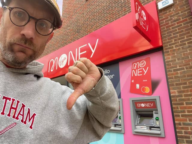 Councillor Ed Fordham outside Chesterfield's Virgin Money branch, which will close at the start of next year.