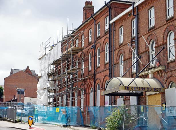 Scaffolding surrounds the former hotel