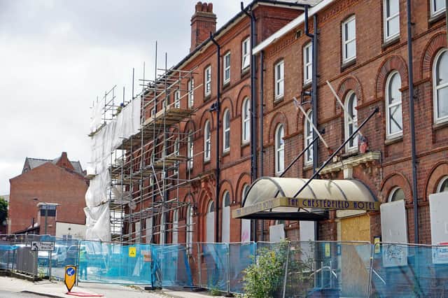 Scaffolding surrounds the former hotel
