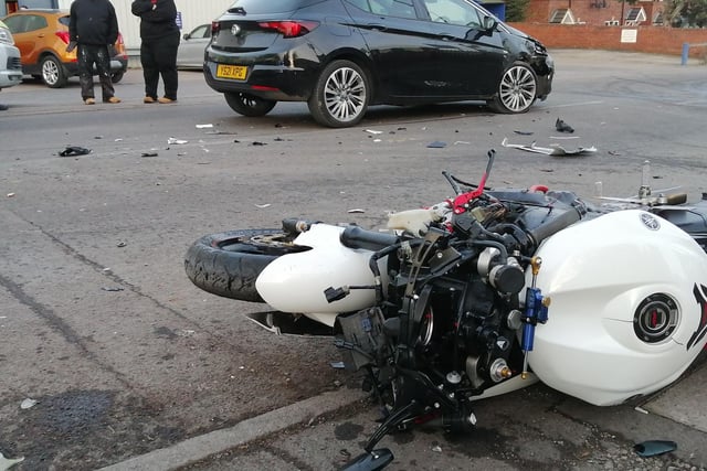 The damaged motorbike following the collision (pic by Hezzie James)