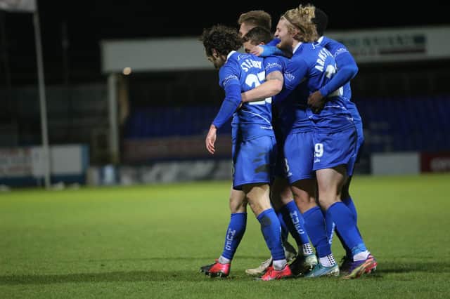 Hartlepool United's David Ferguson celebrates after scoring their second goal   during the Vanarama National League match between Hartlepool United and Solihull Moors at Victoria Park, Hartlepool on Tuesday 9th February 2021. (Credit: Mark Fletcher | MI News)