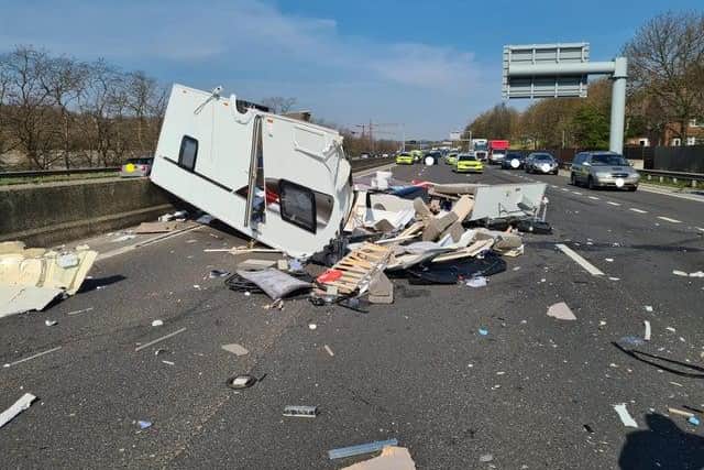Image released by South Yorkshire Police shows the aftermath of a crash on the M1 near Meadowhall.