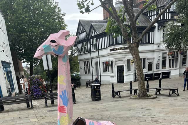 Seb's puppet was painted pink and decorated with hand prints on its visit to Chesterfield for the town's first children's festival.