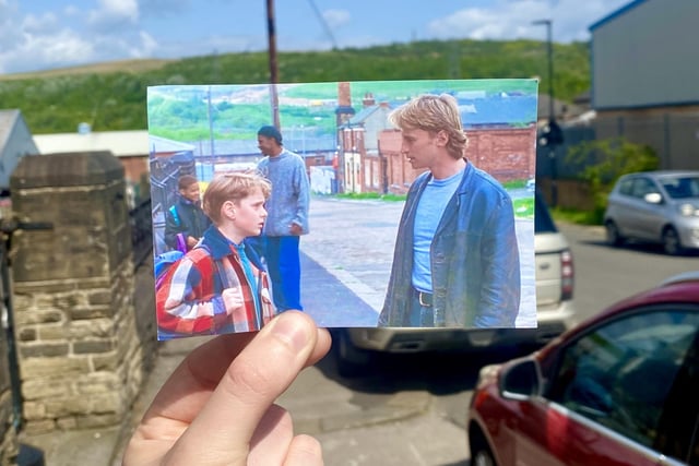 Gaz (Robert Carlyle) and his son Nathan (Wim Snape) feature in this scene from The Full Monty film which was shot outside Sheffield Boxing Centre on Burton Street in Hillsborough
