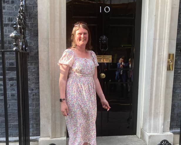 Local business champion, Sarah Smith in front of No.10