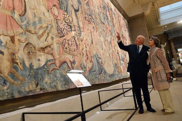 The Duke and Duchess look at the Devonshire Hunting Tapestries in Chatsworth House.