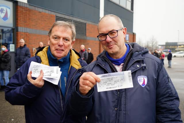 Alan Herring (L) and Simon Tranter (R) after making sure of their place in the away end at Stamford Bridge.