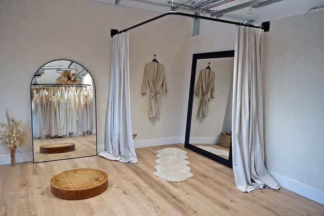 One of the dressing rooms in Nora Eve Bridal's new showroom.