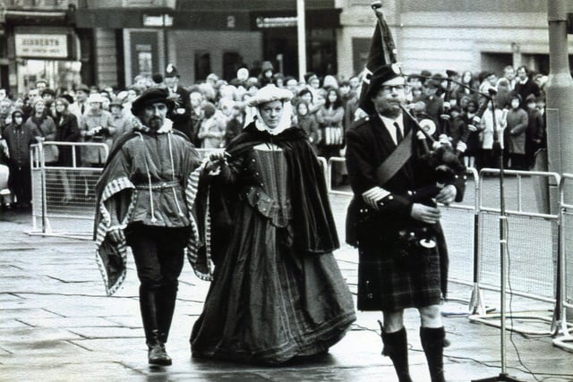A reenactment of the arrival of Mary Queen of Scots at the City Hall, Sheffield Saturday 28th November - Saturday 5th December 1970 to mark the fourth centenary of the queen's arrival