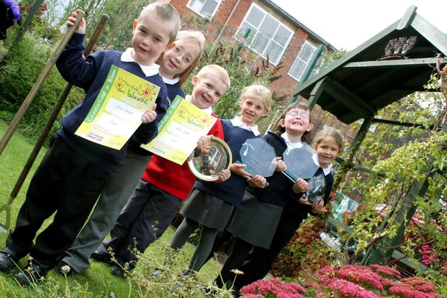 Hayden Leadbeater, Melody Watson, Alex Chauntry, Holly Bentley, Katie Wigston, and Holly Cocker from Spire Infant School's gardening team won an award at Chesterfield In Bloom.