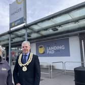 Tina Allen and Cllr Tony Holmes outside The Hanger's entrance