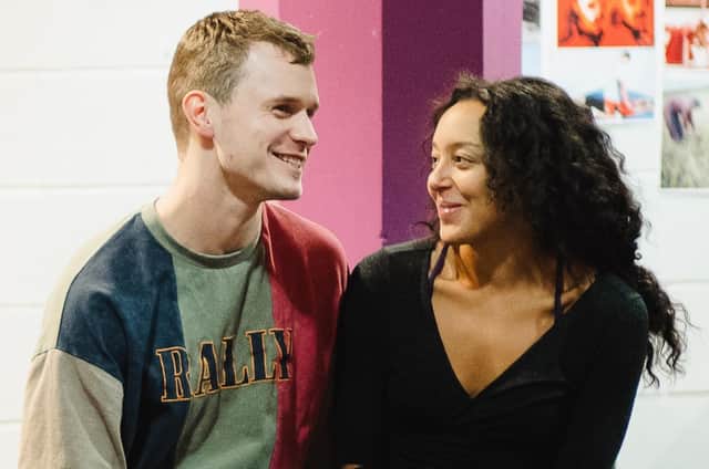 Chris Jenks as Vronsky and Adelle Leonce as Anna in rehearsal for Anna Karenina, which runs at the Crucible Theatre, Sheffield (photo: Becky Payne).