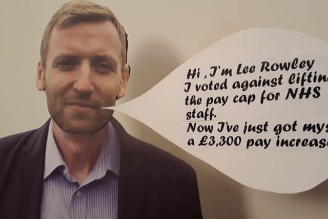 This cardboard cut-out of North East Derbyshire MP Lee Rowley was used during the NHS workers' protest.