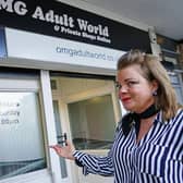 Manageress Mel Treweek outside the new OMG Adult World store on Knifesmithgate, Chesterfield.