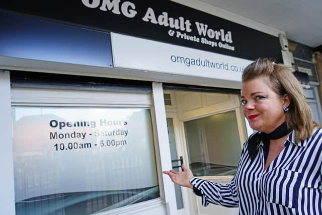 Manageress Mel Treweek outside the new OMG Adult World store on Knifesmithgate, Chesterfield.