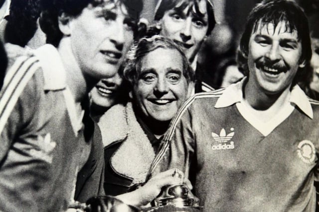 Chesterfield FC fans and players celebrate after winning the Anglo Scottish Cup in 1981