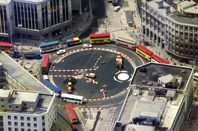 The filled-in Hole in the Road in June 1994 - that's quite a queue of buses around it
