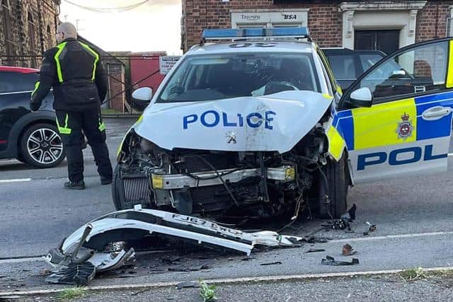 The scene after a Derbyshire police vehicle crashed into a lamppost near Chesterfield. Image: Tiffany Leah.