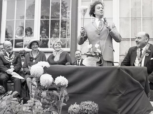 Ken Dodd at the opening of "Buxton on show" an exhibition of local businesses designed to boost the town's trade. 8,000 people attended over the four days in 1966,