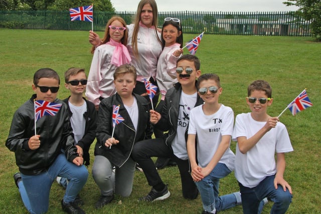 Year 6 pupils at Inkersall Spencer Academy dress as the T birds and Pink Ladies as part of the school fancy dress parade to celebrate the Jubilee