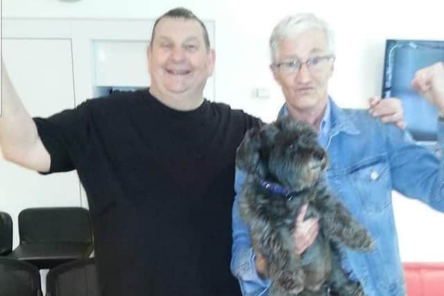 John Evans with Paul O'Grady and his dog Olga at the filming of The Paul O'Grady Show in 2014.
