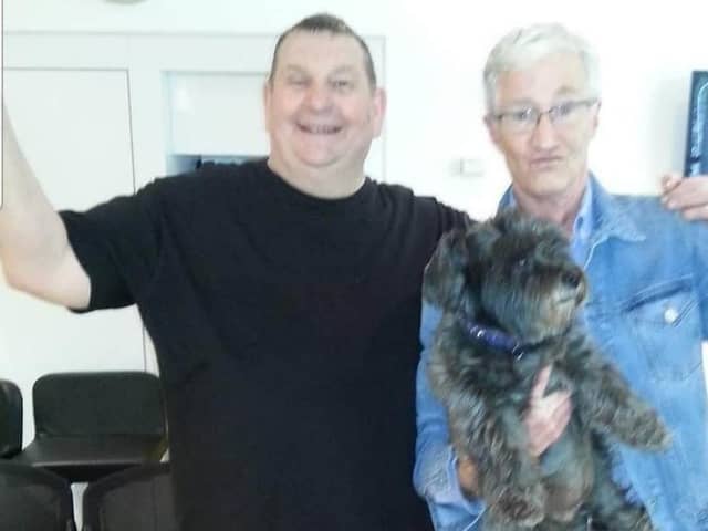 John Evans with Paul O'Grady and his dog Olga at the filming of The Paul O'Grady Show in 2014.