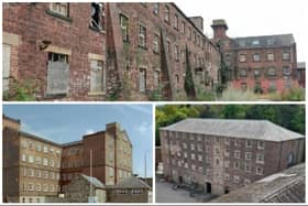 Walton Works in Chesterfield, Cromford Mills and Belper North Mill, clockwise from top, are on the Heritage at Risk Register.