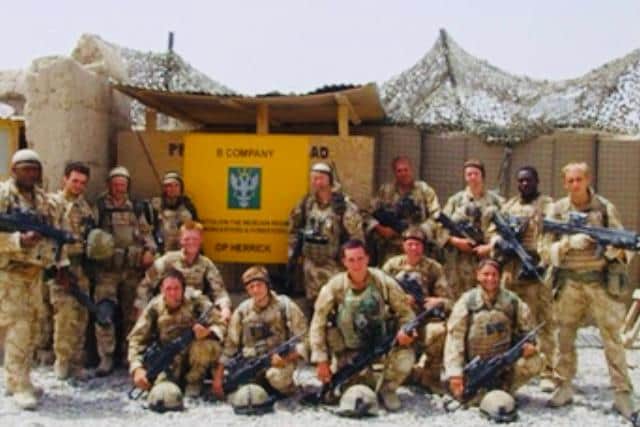 Ben is pictured here on the back row, third from the right, with the rest of 4 Platoon, 2 Mercian, at Fob Hassanabad, Helmand Province, just before heading out on a daily routine patrol