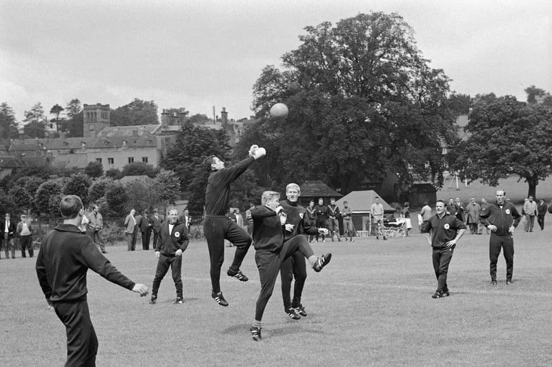 The West German training at Ashbourne, during the 1966 World Cup in England, 12th July 1966. From left to right, Uwe Seeler, goalkeeper Hans Tilkowski, Helmut Haller and Heinz Schnellinger. (Photo by Central Press/Hulton Archive/Getty Images)