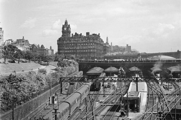 View of Waverley Station and the North British Hotel, which is now known as the iconic Balmoral Hotel